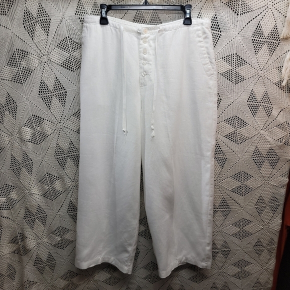 Vintage Wide legged 100% linen pants. White. Drawstring waist. Button fly. 14 - Picture 1 of 15